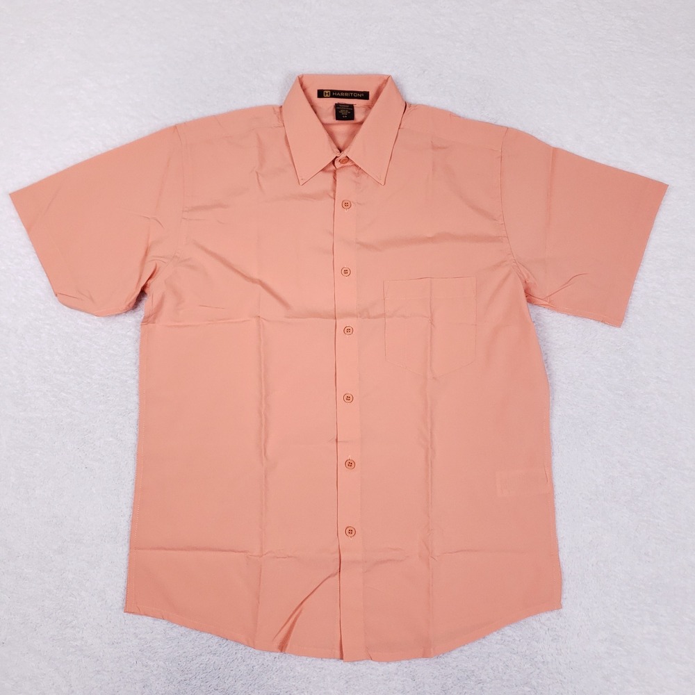 Harriton Mens Short Sleeve Button‎ Down Shirt Coral Peach Small Work Uniform